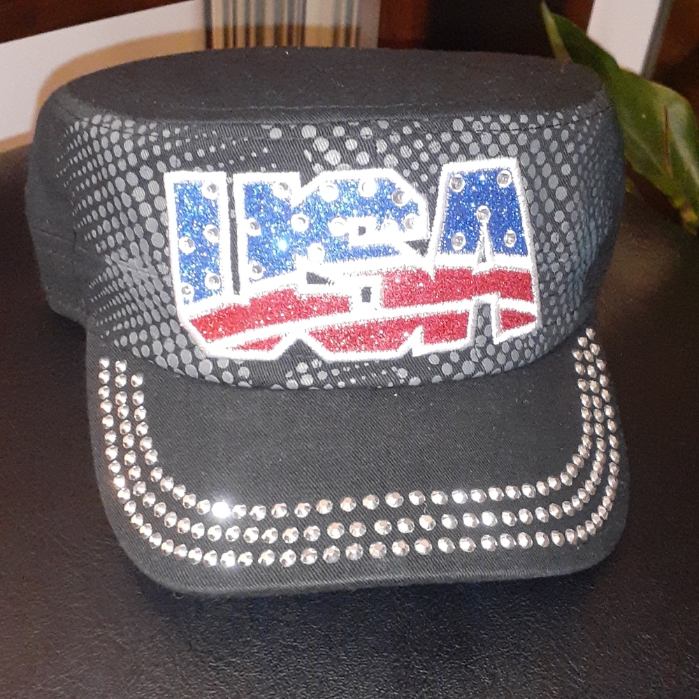 Rhinestone cadet hat- USA R/W/B BLACK